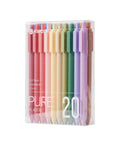 Pure Gel Pens 20 Color Ink Set With 0.7 mm Medium Point Soft Touch Grip in clear plastic case, showing assorted vibrant colors
