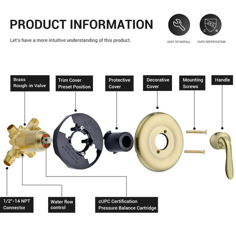 Components of Brushed Gold Tub And Shower Faucet Set With Pressure Balancing Valve And Trim Included 5 Sprays Shower Head And Concealed Rough In Tub Spout