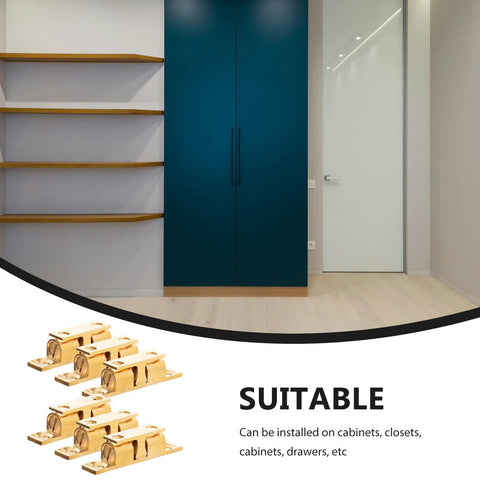 Brass Ball Catch For Cabinets And Doors, 6 Pack Easy Install Cabinet Latch Hardware, shown with cabinets and mounting screws