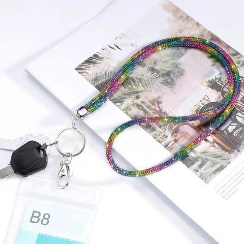 Rainbow Crystal Lanyard For ID Card Holder 34.8 Inch All Around Bling Necklace Strap With Silicone Diamond Badge Reel