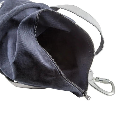 Open Beefy Heavy Duty Canvas Tool Bucket With Zip Top Flame Resistant Closure For Overhead Lifts, showing interior and strap.
