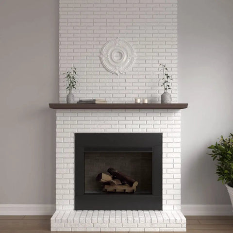 Dope Ceiling Medallion 18 Inch Outer Diameter 4 Inch Inner Diameter Five Eighths Inch Projection Lightweight Canopy on white brick wall