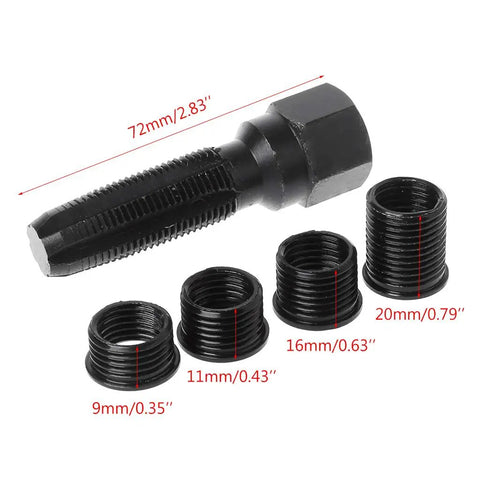14mm Ignition Plug Rethread Kit With Reamer Tap and 4 Threaded Inserts for Aluminum Cylinder Heads, close-up view
