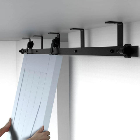 Sliding Barn Door Hardware Kit Black For 5.5 Foot Ceiling Mount With L Shaped Bracket System installed on ceiling