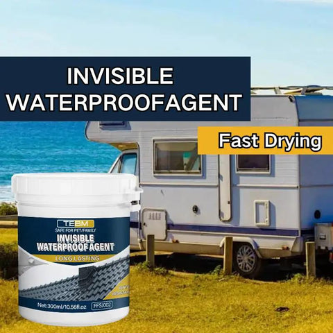 Heavy Duty Clear Waterproof Sealant Slick Seamless Liquid Coat Rock Solid Weather Shield for RVs outdoors with visible container.