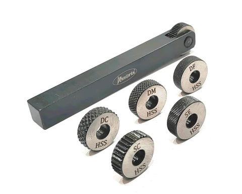 Single Wheel Knurling Tool Holder With Five Spare HSS Knurls 12 By 12 By 100 mm Tool Steel Body Rust Resistant High Strength And Wear Resistant Ideal For Precise Metalworking Projects And Pro Shops showcasing its steel body and knurls.
