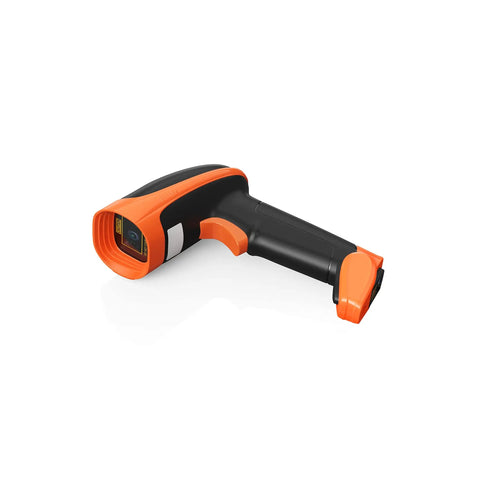 No Fuss Wireless Barcode Scanner With Usb Stand For Lightning Fast 1D 2D Qr Code And Pdf417 Label Reading shown from the side with an orange and black design.