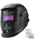 Auto Darkening Welding Helmet With Pro Grade True Color View Solar Powered Large Viewing Screen Shade Four To Thirteen For TIG MIG Arc Welding High Clarity Weld Hood For Pros And Weekend Warriors, front view, black, side logo.