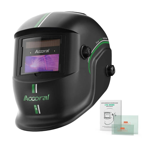 Auto Darkening Welding Helmet With Pro Grade True Color View Solar Powered Large Viewing Screen Shade Four To Thirteen For TIG MIG Arc Welding High Clarity Weld Hood For Pros And Weekend Warriors, front view, black, side logo.