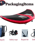 Inflatable Wing Surfing Kit With Window 5 Meter And 6 Meter Wings, backpack, safety rope, repair kit, inflator shown.