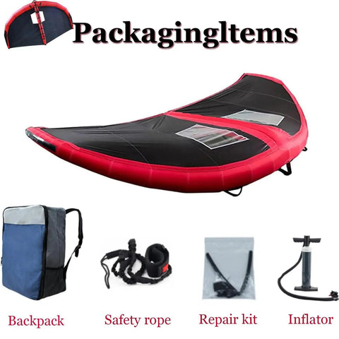 Inflatable Wing Surfing Kit With Window 5 Meter And 6 Meter Wings, backpack, safety rope, repair kit, inflator shown.