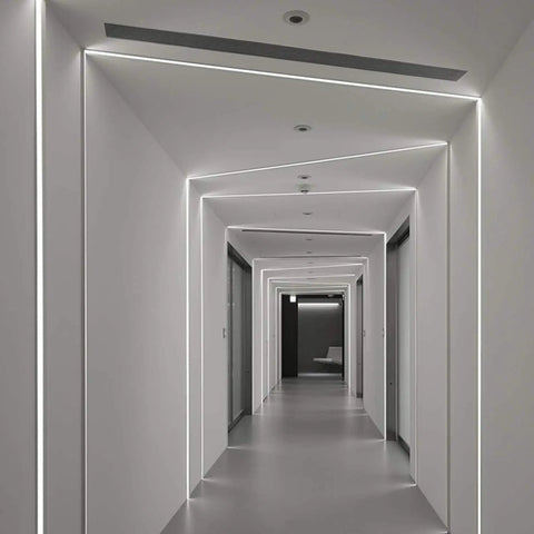 LED Neon Rope Light 50ft Flexible Strip White 6000K 120V IP67 Waterproof illuminating a modern hallway ceiling.