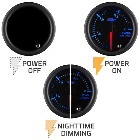 Tinted 7 Color Adjustable Fuel Level Gauge For 2 1/16 Inch (52mm) Dash Mount Reads Gas Or Diesel Level With Easy Color Shift Perfect Car Mod For Instrument Cluster Upgrades And Realistic Tank Readouts, 52mm black gauge, power off/on