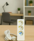 No Nonsense Three Outlet Power Strip With Generous 16 Foot Extension Cord White Heavy Duty Surge Block For Home Office And Workshop, showing three grounded outlets.