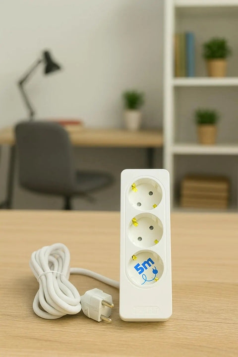 No Nonsense Three Outlet Power Strip With Generous 16 Foot Extension Cord White Heavy Duty Surge Block For Home Office And Workshop, showing three grounded outlets.