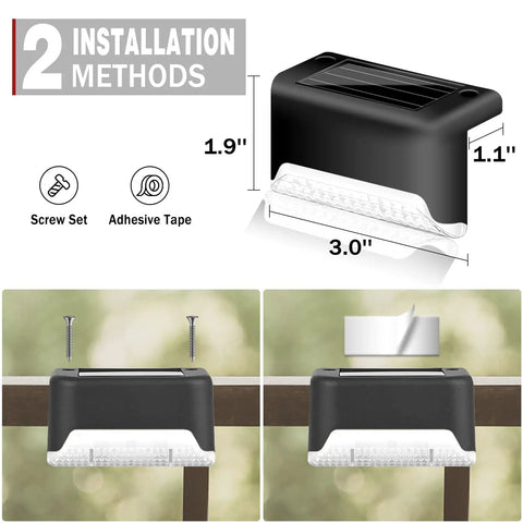20 Pack LED Outdoor Solar Lights For Deck Fence Steps And Patio, showing installation methods with screws and adhesive tape