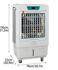 Portable swamp cooler, 130cm height, 780mm wide, featuring three sided intake panels for rapid evaporative cooling.