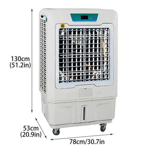 Portable swamp cooler, 130cm height, 780mm wide, featuring three sided intake panels for rapid evaporative cooling.