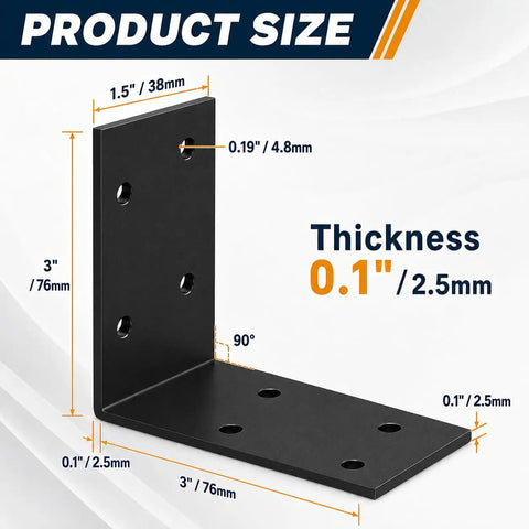 Product size diagram of Heavy Duty 3x3 Galvanized L Brackets Built Like A Tank Dead Nuts Tight 90 Degree Corner Supports.