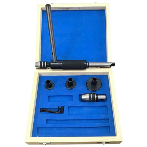 Pro 8-Piece Mt2 Lathe Tailstock Tap And Die Holder Combo Kit With Precision Morse Taper Shank, Full Tapping Set, Stop Handle, Premium Wooden Box For Serious Machinists. open wooden case with MT2 tap and die holders, stop handle, and adapters