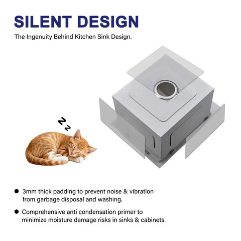 Silent design features of Drop In Bar Sink 15x15 Inch, Topmount Single Bowl, 16 Gauge Stainless Steel Kitchen Sink for Wet Bar, Prep, RV, Outdoor Use With Grid And Drain Strainer, Beefy 304 Stainless Steel shown with a cat sleeping next to soundproof padding.