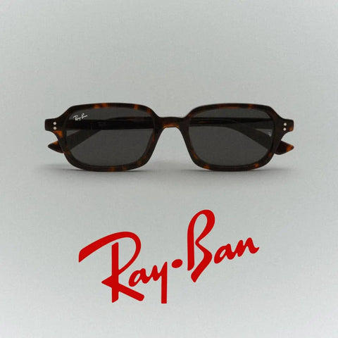 Zuri RB4455 Rectangular Sunglasses Havana Dark Grey 52mm Eco Friendly Bio Based Frame Lightweight All Day Comfort For Narrow To Medium Faces Low Key Retro Vibe And Everyday Wear, front view with Ray-Ban logo.