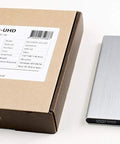 Premium Aluminum External USB 3.0 UHD 4K Blu Ray Writer Super Drive for PC and Mac with Plug and Play Setup, High Speed Data Transfer, Wide Compatibility, Portable Aluminum Enclosure for Laptops and Desktops silver drive and box