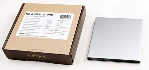 Premium Aluminum External USB 3.0 UHD 4K Blu Ray Writer Super Drive for PC and Mac with Plug and Play Setup, High Speed Data Transfer, Wide Compatibility, Portable Aluminum Enclosure for Laptops and Desktops silver drive and box