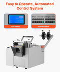 Auto Heat Shrink Tube Cutter For Fast Precise Cuts On Heat Shrink Tubes Fiberglass Tubes And Cables 1 To 85mm Width 0.1 To 99999.9mm Length Up To 3mm Thickness 100 To 120 Cuts Per Minute Yellow, showing LCD display and operation panel