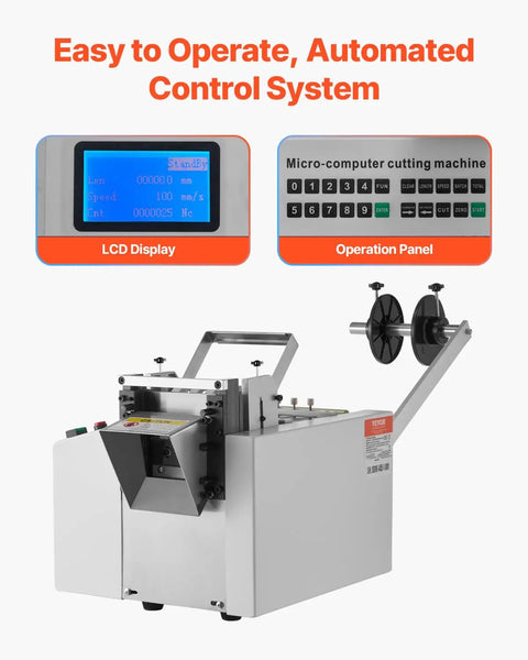 Auto Heat Shrink Tube Cutter For Fast Precise Cuts On Heat Shrink Tubes Fiberglass Tubes And Cables 1 To 85mm Width 0.1 To 99999.9mm Length Up To 3mm Thickness 100 To 120 Cuts Per Minute Yellow, showing LCD display and operation panel