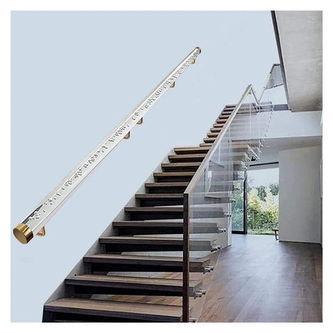 Top Shelf Indoor Acrylic Stair Handrail With Gold Wall Mount Brackets Built Tough Anti Slip Safety Grip Rail For Home Renovation Projects Custom Lengths Ready To Go installed on modern staircase.