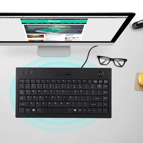 Heavy Duty Wired USB Keyboard With Eighty Eight Keys Dead Silent Business Keypad For Quick Data Entry Or Chill Gaming Sessions Bulletproof Design Plug And Play Ready, top view with monitor and glasses.