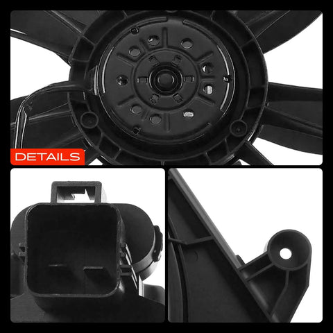 Tough As Nails Heavy Duty Engine Radiator Cooling Fan Assembly For Chrysler 300 Dodge Challenger And Charger close-up view of fan motor and connector details.