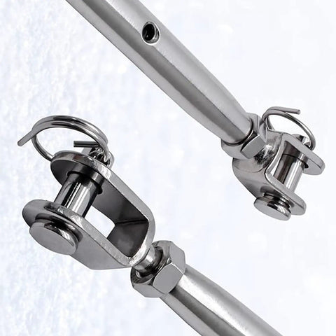 Close-up of 5Pcs Marine Grade Stainless Steel Jaw And Jaw Turnbuckles for Cable Tension in Rigging Systems.