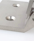 Close-up of Heavy Duty Stainless Steel Glass Door Hinges Four Pack, showing smooth edge and mounting holes for secure installation.