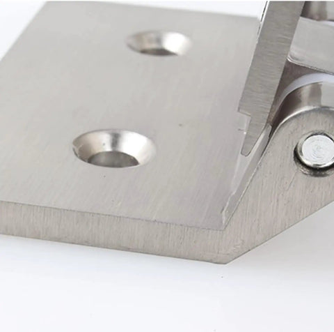 Close-up of Heavy Duty Stainless Steel Glass Door Hinges Four Pack, showing smooth edge and mounting holes for secure installation.