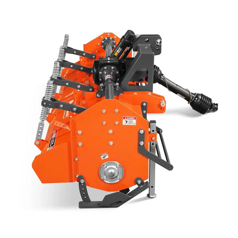 Orange 90 Inch Heavy Duty Rotary Tiller with Gear Drive and PTO Shaft, 3 Point Hitch Cat 2, Slip Clutch, Front View