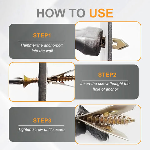 Instructional steps for using Drywall Anchors With Screws Kit 2026 Upgraded Direct Insertion Expansion Self Drilling