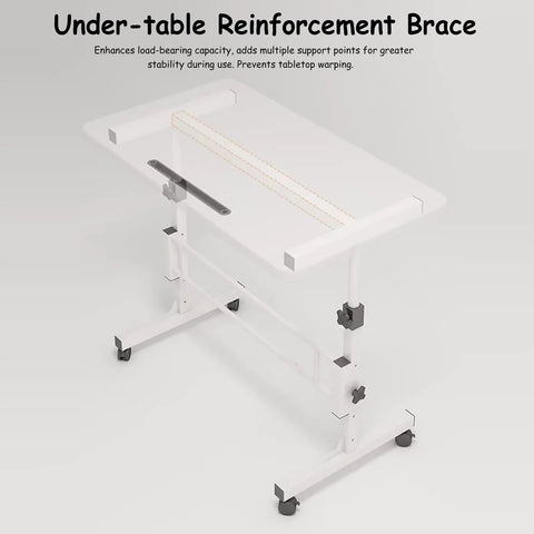 Under-table reinforcement brace of Rolling Ergonomic Standing Desk With Smooth Wheels Adjustable Height Desktop Laptop Workstation.