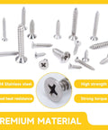 542 Piece Stainless Steel Screw Kit With Phillips Flat Head Screws In Sizes Four Through Twelve For Woodworking And Metal Projects Including Self Tapping Screws Made From 304 Stainless Steel For Home DIY displayed on white background