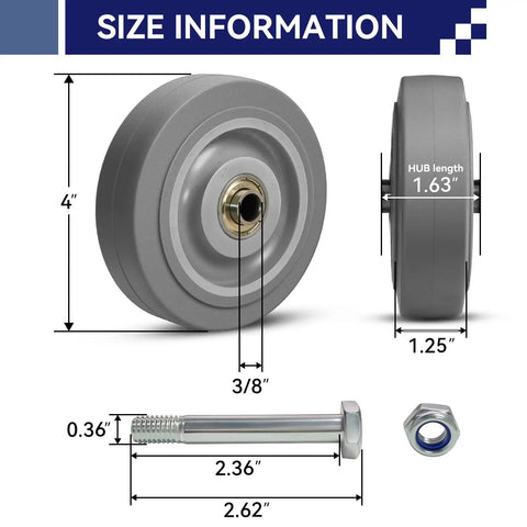 Heavy Duty Rubber Caster Wheels 4 Inch Set Of 4 1200 Lb Capacity Non Marking Replacement Wheels size details and parts.