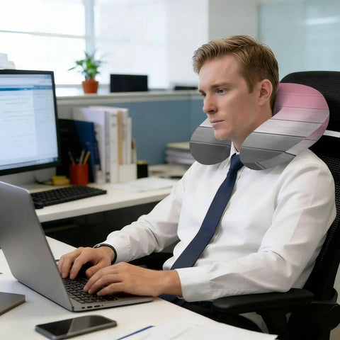 Man at desk using U Shaped Memory Foam Travel Neck Pillow With Pink Wood Grain Finish For Airplane, Car, Office And Home Use