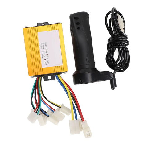 36V 500W Brushed Electric Bike Controller With Throttle Grip Kit Strong Heat Dissipation Aluminum Alloy Construction For Electric Bikes Trikes And Motorcycles Durable Performance Gold Finish, showing components with wires and grip.