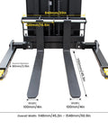 Heavy Duty Electric Pallet Stacker With 2640 Lbs Load Capacity And Adjustable Forks Effortless Material Handling dimensions and fork details