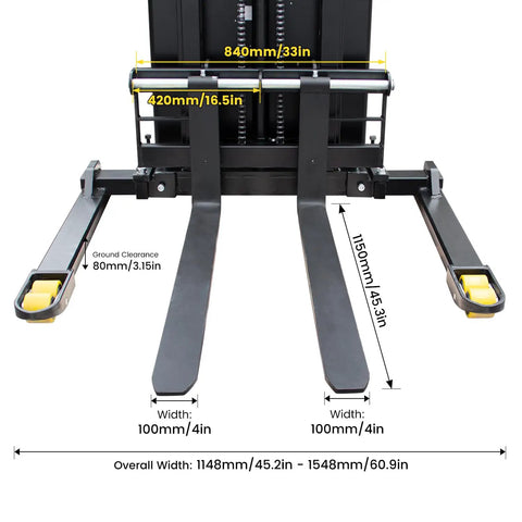 Heavy Duty Electric Pallet Stacker With 2640 Lbs Load Capacity And Adjustable Forks Effortless Material Handling dimensions and fork details
