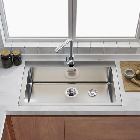 Contemporary kitchen sink with Matte Black Three And A Half Inch Kitchen Sink Drain Strainer Assembly In 304 Stainless Steel installed