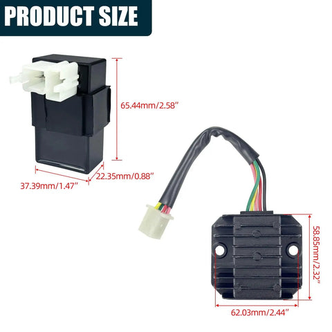 Dimensions of components in High Performance Ignition Coil Kit With 6 Pin AC CDI Box Voltage Regulator Rectifier shown