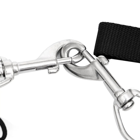Close-up of stainless steel clip on Two Pack Scuba Stage Bottle Rigging Kit For 11-12L Tanks with sidemount strap.