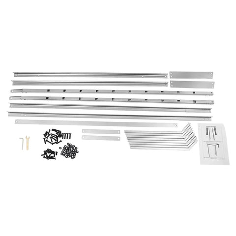 Heavy Duty Four Tier Horizontal Lumber Storage Rack For Garage Built Like A Tank Holds Wood Boards Firmly Up To 440 Pounds Rust Resistant Silver Garage Boss metal assembly parts and instructions laid out.