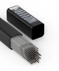 E6013 1 8 Inch Carbon Steel Welding Rods 5 lb stick electrodes shown in black container with titanium oxide coating